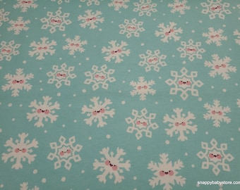 Christmas Flannel Fabric - Happy Snowflakes on Blue - By the Yard - 100% Cotton Flannel