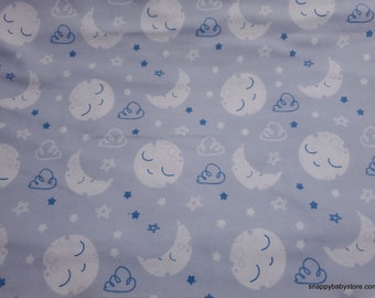 Flannel Fabric - Sleepy Moon and Stars Gray Blue - By the yard - 100% Cotton Flannel