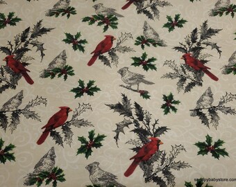 Christmas Flannel Fabric - Cardinals and Holly - By the yard - 100% Cotton Flannel
