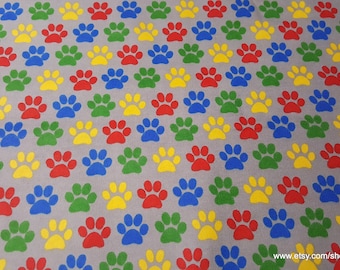 Flannel Fabric - Bright Paw Prints - By the yard - 100% Cotton Flannel