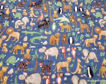 Premium Flannel Fabric - Wild Side Animals Denim Color - By the yard - 100% Premium Cotton Flannel