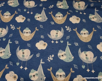 Flannel Fabric - Hanging Baby Sloth Blue - By the Yard - 100% Cotton Flannel