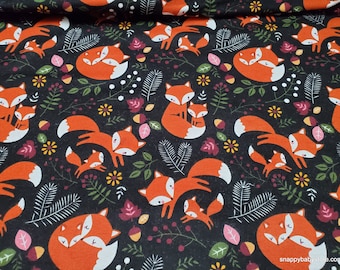 Flannel Fabric - Sweet Foxes on Black - By the yard - 100% Cotton Flannel