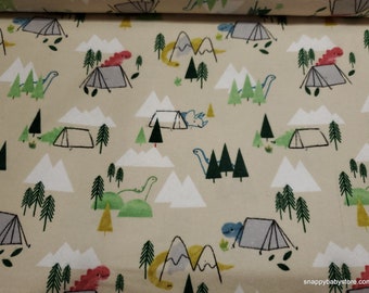 Flannel Fabric - Watercolor Camping Dinos - By the yard - 100% Cotton Flannel