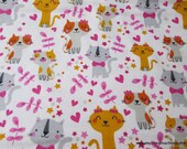 Flannel Fabric - Pretty Kitty with Hearts - By the yard - 100% Cotton Flannel