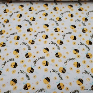 Flannel Fabric - Bee Happy on White - By the yard - 100% Cotton Flannel