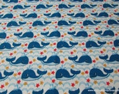 Flannel Fabric - Sea Waves and Whales - By the yard - 100% Cotton Flannel