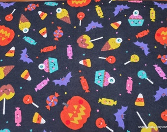 Flannel Fabric - Halloween Candy on Black - By the yard - 100% Cotton Flannel