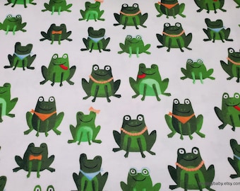 Remnant Flannel Fabric - Dapper Frogs on White - Choose your Size - 100% Cotton Flannel