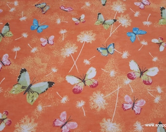 Flannel Fabric - Butterflies on Coral - By the yard - 100% Cotton Flannel