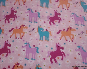 Flannel Fabric - Ponies and Flowers on Pink - By the Yard - 100% Cotton Flannel