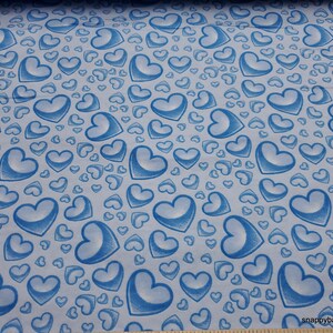 May include: Blue and white fabric with a repeating pattern of blue hearts. The hearts are outlined in a darker blue and have a 3D effect.