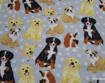 Flannel Fabric - Realistic Pups on Gray - By the yard - 100% Cotton Flannel