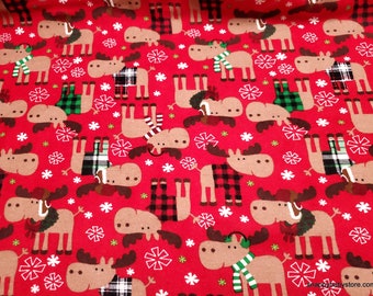 Christmas Flannel Fabric - Christmas Moose in Sweaters Red - By the yard - 100% Cotton Flannel
