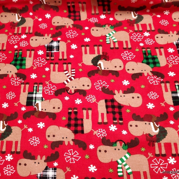 Christmas Flannel Fabric - Christmas Moose in Sweaters Red - By the yard - 100% Cotton Flannel