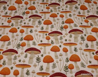 Flannel Fabric - Mushrooms on Cream - By the yard - 100% Cotton Flannel