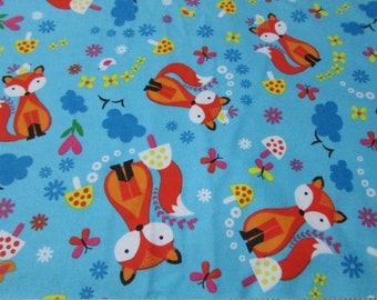 Flannel Fabric - Crazy Foxes Blue - By the yard - 100% Cotton Flannel