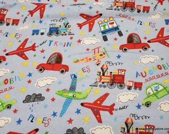 Flannel Fabric - Planes Trains Automobiles Blue - By the yard - 100% Cotton Flannel