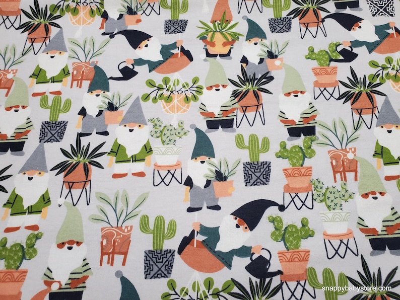 Flannel Fabric Gnomes and Plants By the yard 100% Cotton Flannel image 1