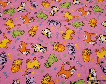 Flannel Fabric - Tossed Cats on Pink - By the yard - 100% Cotton Flannel