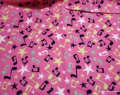 Flannel Fabric - Music Notes and Stars on Pink - By the yard - 100% Cotton Flannel