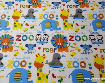 Flannel Fabric - Zoo Animals and Words on White - By the yard - 100% Cotton Flannel