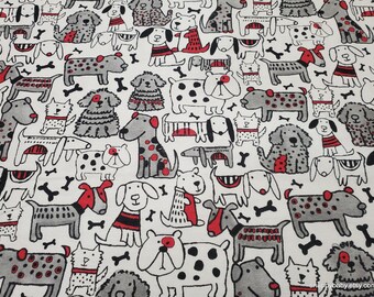 Flannel Fabric - Sketched Dogs Red Black Gray on White - By the Yard - 100% Cotton Flannel