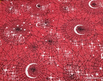 Flannel Fabric - Eclipse Red Crescent Moons on Webs - By the Yard - 100% Cotton Flannel