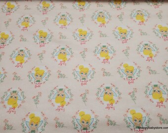 Character Flannel Fabric - Tinker Bell Floral Badges Light Pink - By the yard - 100% Cotton Flannel