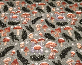Christmas Flannel Fabric - Warm Winter Wishes Mushrooms on Green - By the yard - 100% Cotton Flannel