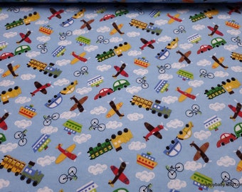Flannel Fabric - Planes Trains Boats Cars - By the yard - 100% Cotton Flannel