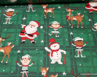 Christmas Flannel Fabric - Holly Jolly Characters on Green - By the yard - 100% Cotton Flannel