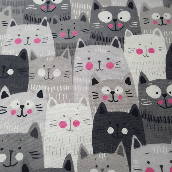 Flannel Fabric - Happy Gray Cats - By the yard - 100% Cotton Flannel