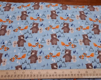 Flannel Fabric - Blue Forest Friends - By the yard - 100% Cotton Flannel