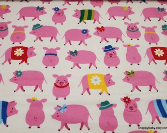 Flannel Fabric - Happy Pigs on White - By the yard - 100% Cotton Flannel