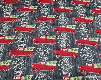 Christmas Flannel Fabric - All Roads Lead Home Truck - By the Yard - 100% Cotton Flannel