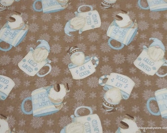 Christmas Premium Flannel Fabric - I Love Sn'Gnomies Hot Cocoa Cup Gnomes Brown Premium - By the yard - 100% Premium Cotton Flannel