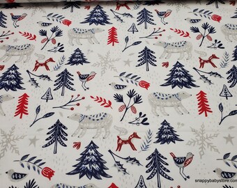 Flannel Fabric - Folk Winter Animals on White - By the yard - 100% Cotton Flannel