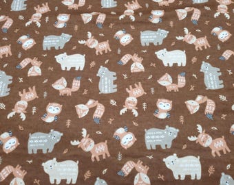 Flannel Fabric - Aztec Woodland Friends Brown - By the yard - 100% Cotton Flannel