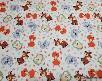 Remnant Flannel Fabric - Sweet Woodland Buddies on White - Choose your Size - 100% Cotton Flannel