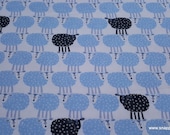 Flannel Fabric - Black Sheep with Blue on White - By the yard - 100% Cotton Flannel