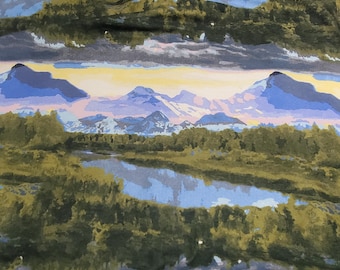 Remnant Flannel Fabric - Watercolor Mountain View - Choose your Size - 100% Cotton Flannel