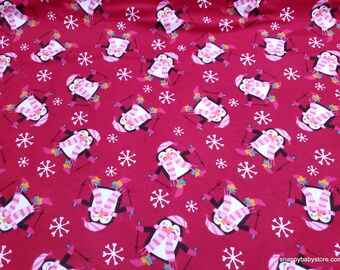 Christmas Flannel Fabric - Penguins Skiing Pink - By the yard - 100% Cotton Flannel