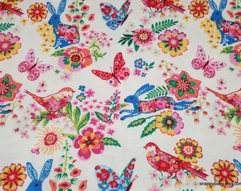 Luxe Flannel Fabric - Bunnies and Birds White Luxe - By the yard - 70% Rayon, 30 Cotton Luxe Flannel Fabric