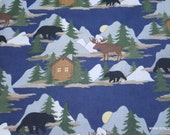 Flannel Fabric - Cabin Scene Navy - By the yard - 100% Cotton Flannel