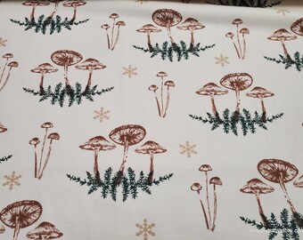 Christmas Flannel Fabric - Holiday Pine Mushrooms on Cream - By the yard - 100% Cotton Flannel