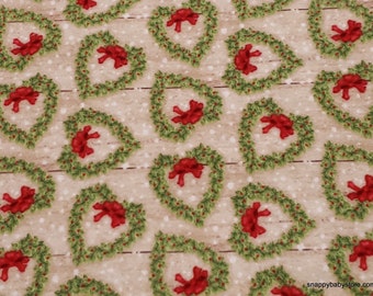 Christmas Premium Flannel Fabric - Snow Place Like Home Heart Wreaths Beige Premium - By the yard - 100% Premium Cotton Flannel