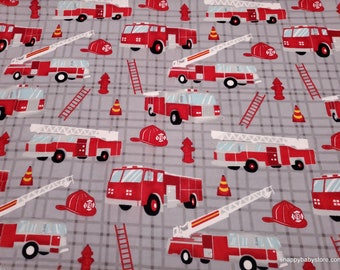 Flannel Fabric - Fire Trucks on Plaid - By the yard - 100% Cotton Flannel