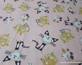Flannel Fabric - Cats and Mouse on Pink - By the yard - 100% Cotton Flannel