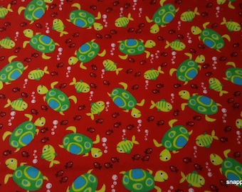 Flannel Fabric - Turtles and Fishies Red - By the Yard - 100% Cotton Flannel